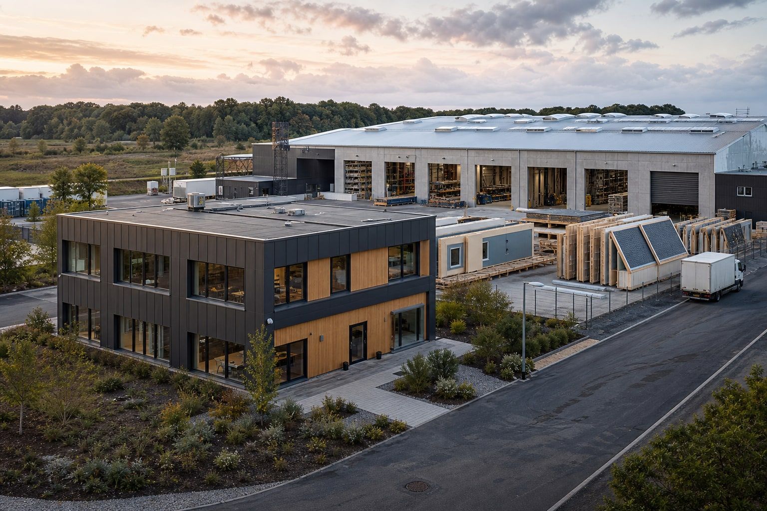 Modern prefabricated building campus connecting production and completed buildings