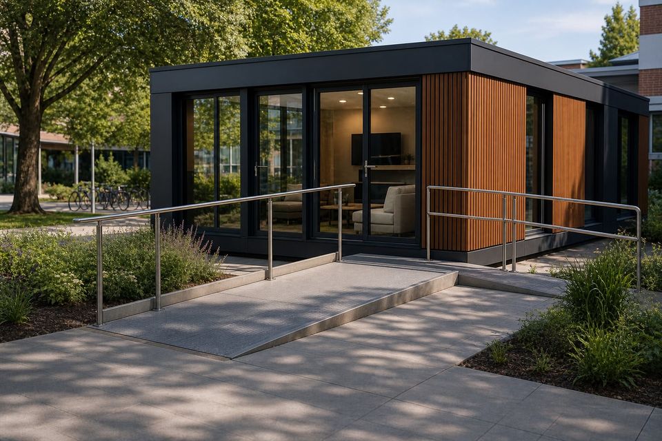 Accessible approach to a public cabin with level threshold and counter
