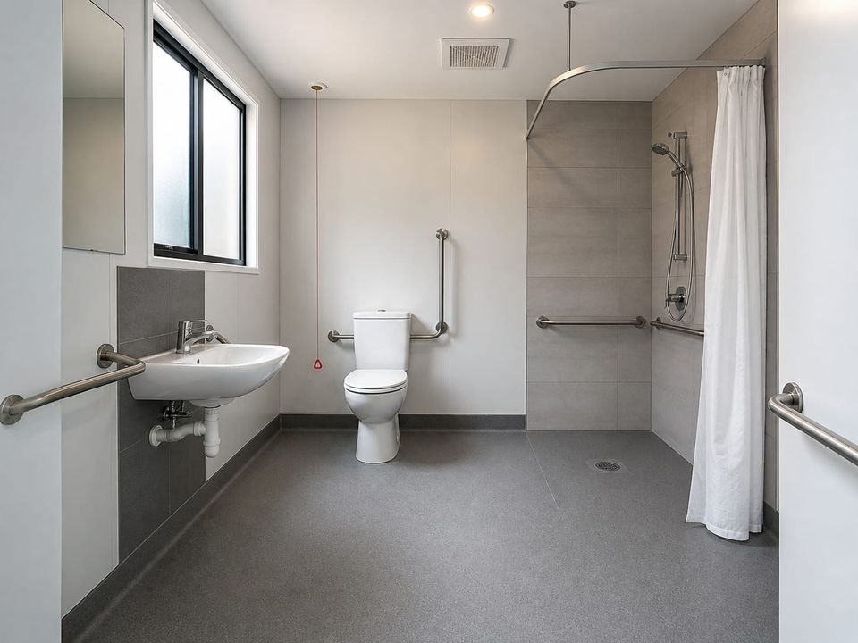 Accessible prefab restroom with turning space, grab rails, and emergency call provision