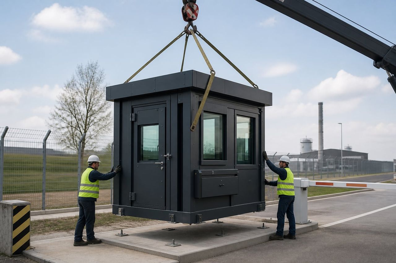 Armored security booth being craned into position on a prepared foundation