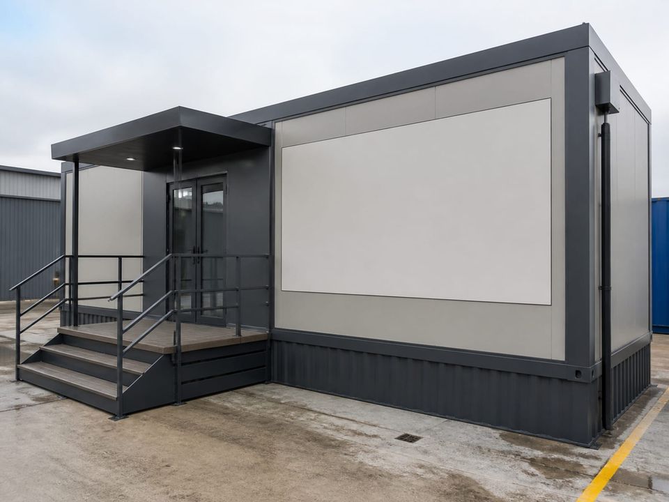 Custom container building with branded cladding, canopy, and coordinated colour scheme