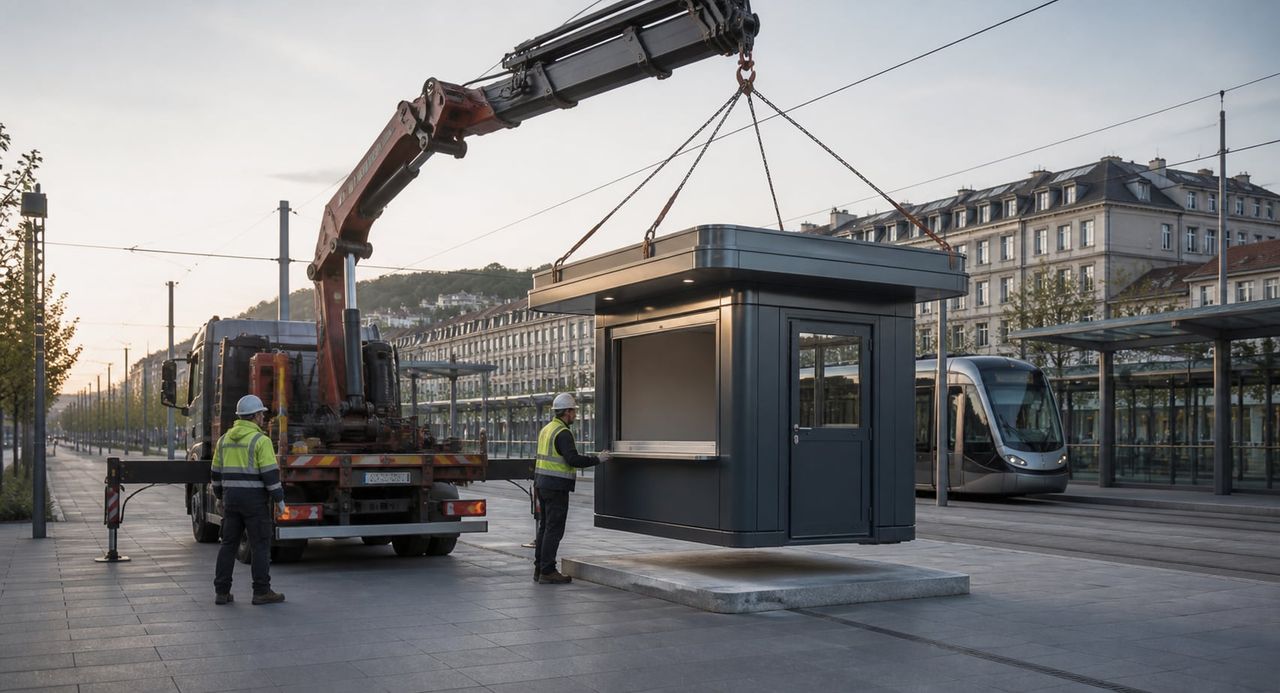 Metro cabin being installed at a controlled entrance with service connections