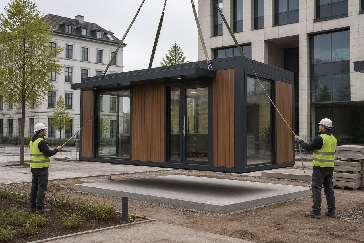 Metropol cabin being placed on a prepared base in an urban setting
