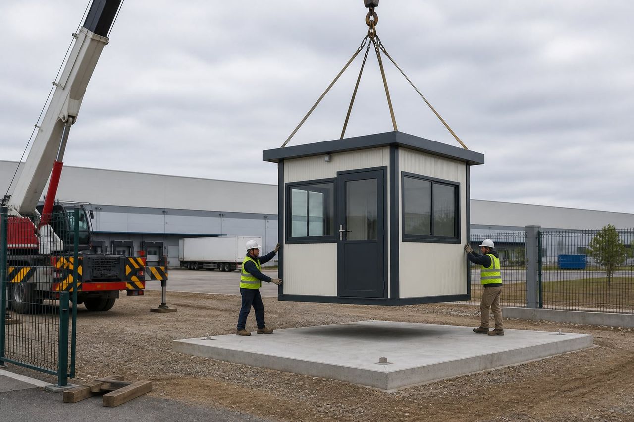 Panel cabin being placed on a prepared base with service connections