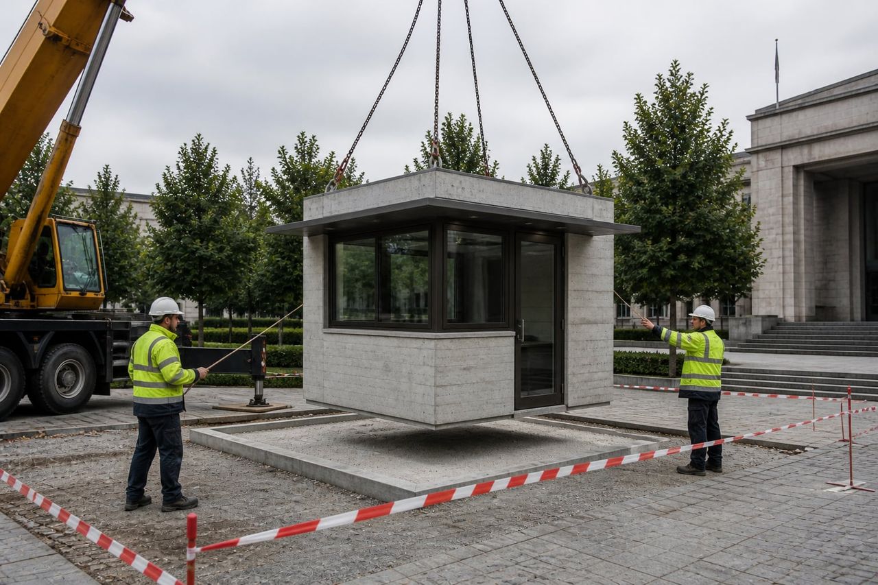 Precast cabin being craned onto a prepared base in a public setting