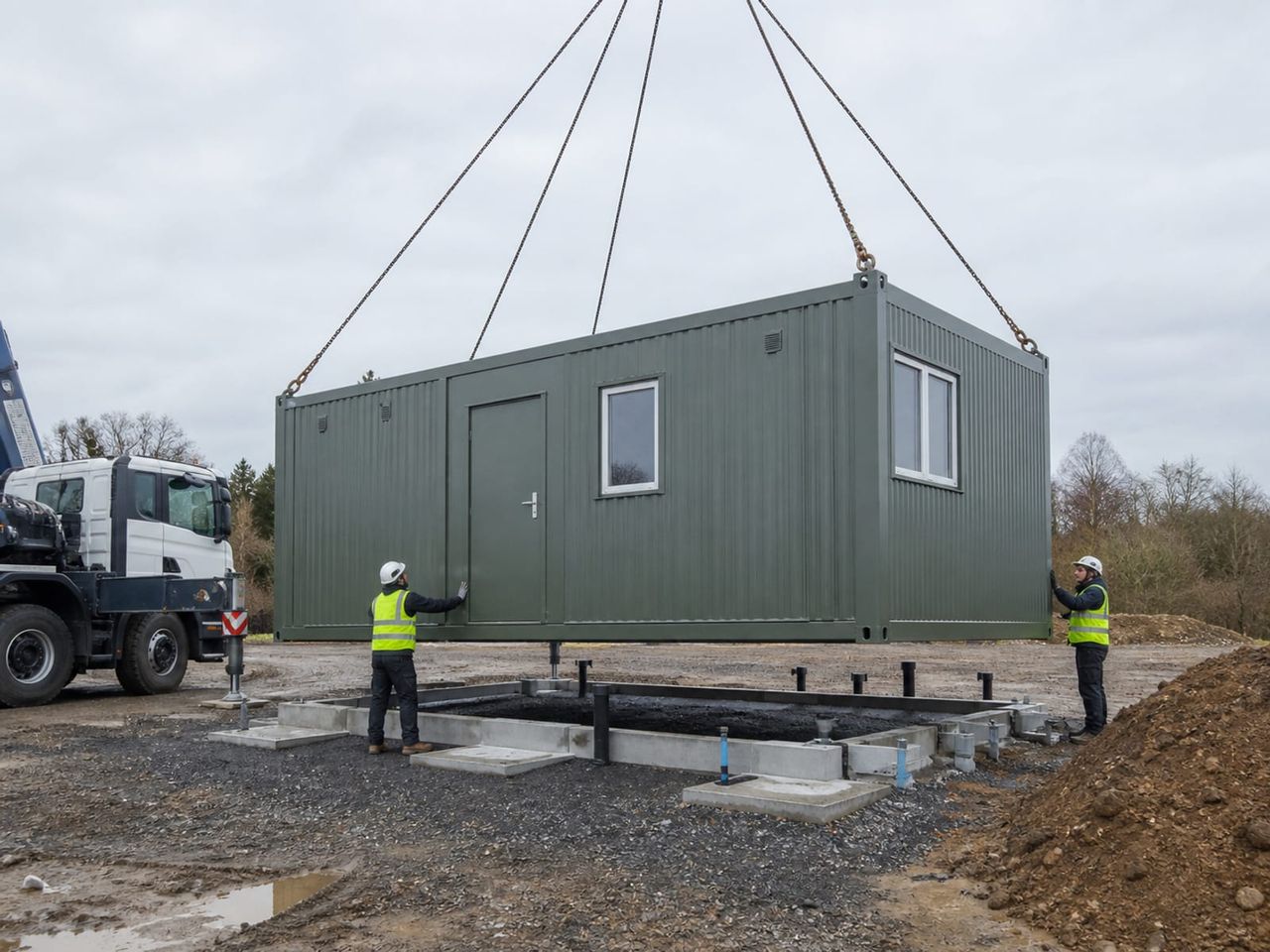 Cafeteria container installation with delivery access, drainage connection, and extraction routes