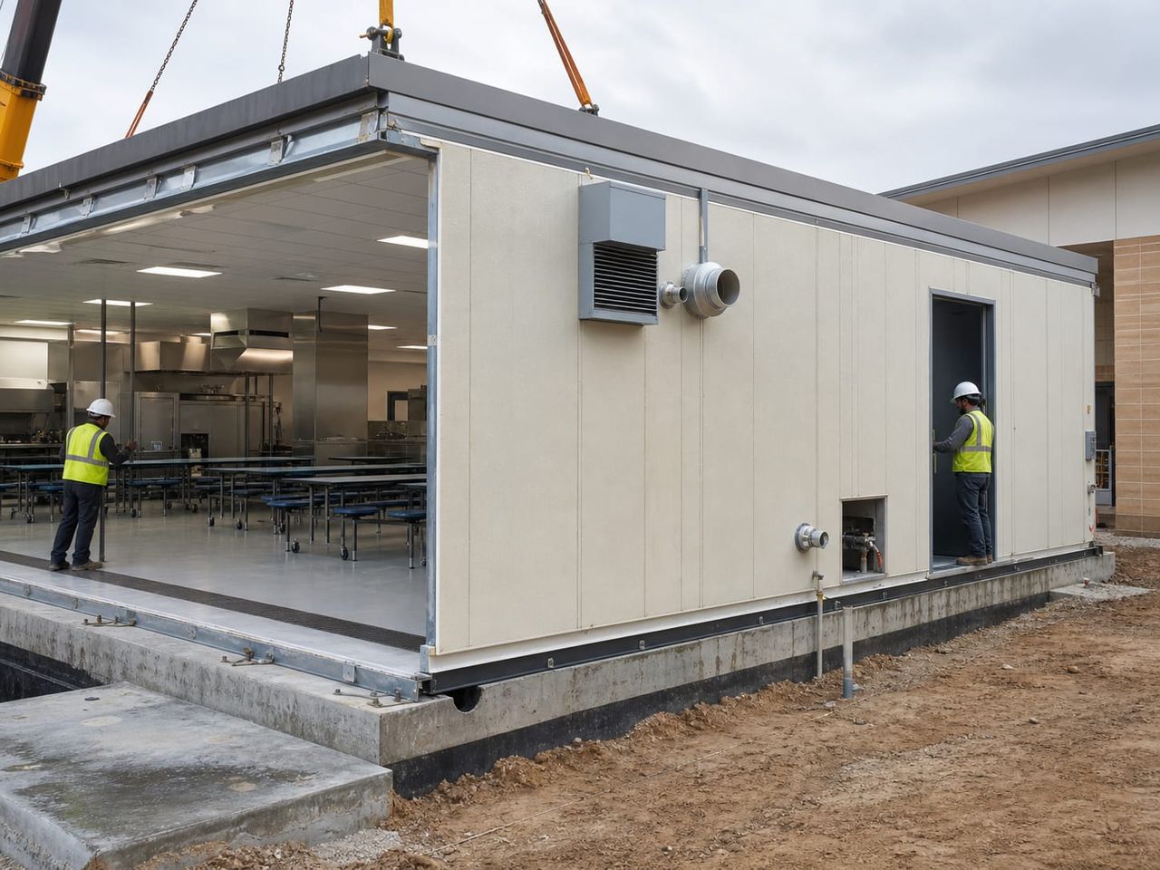 Prefab cafeteria installation coordinated with foundations, delivery access, drainage, and extraction routes