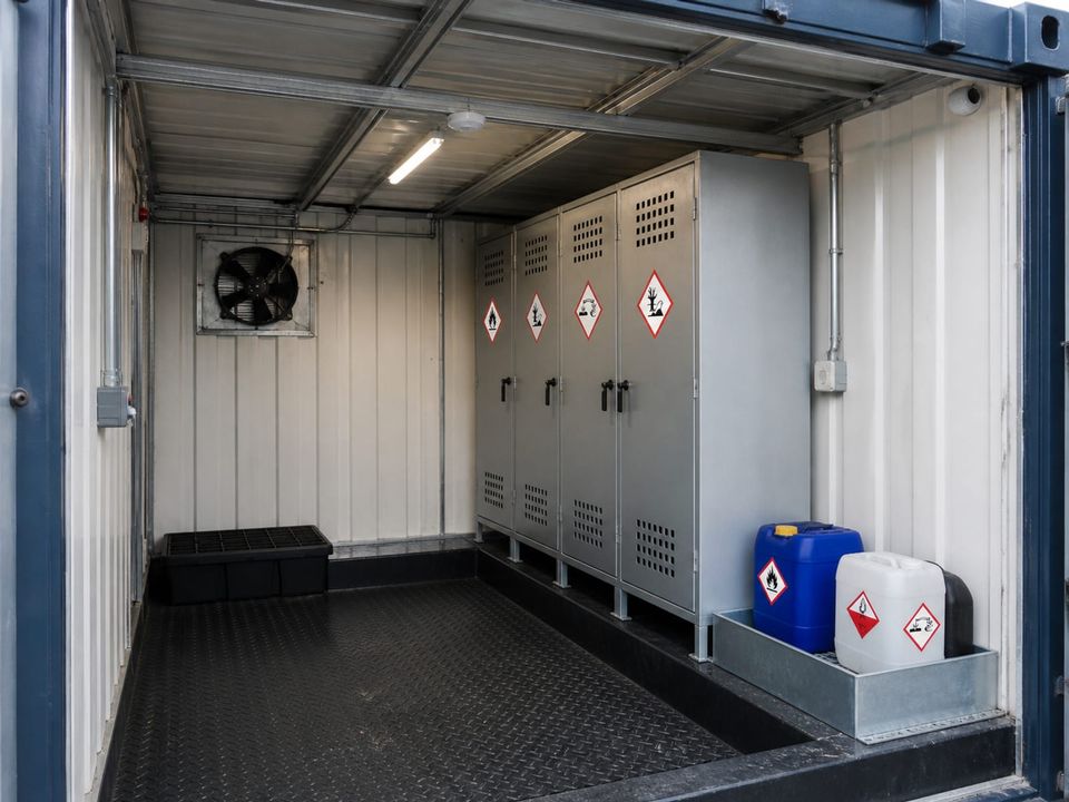 Chemical storage container with bunded floor, ventilation, and hazard signage