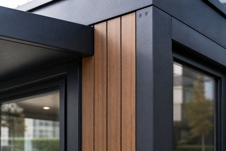 Metropol cabin cladding detail showing texture, colour, and corner treatment