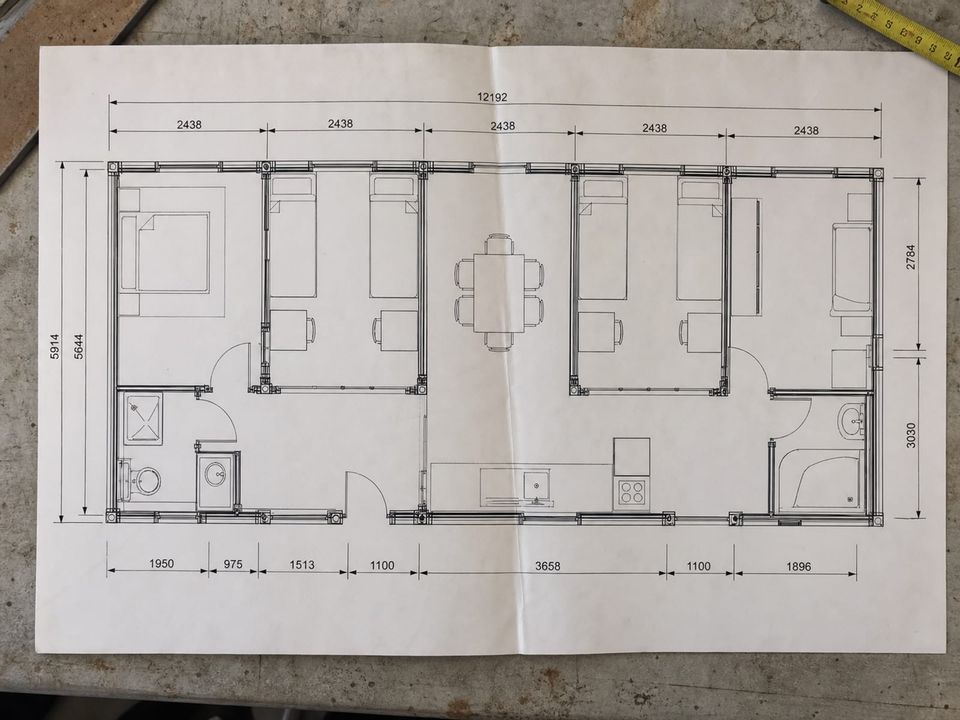 Combined multi-module container layout plan with removed partitions and corridor arrangement