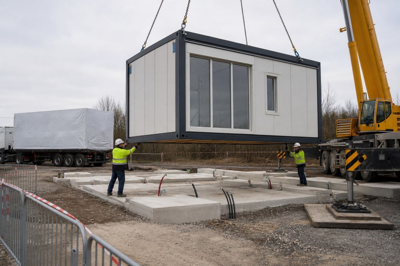 Modular container building being lifted onto prepared foundations during coordinated installation