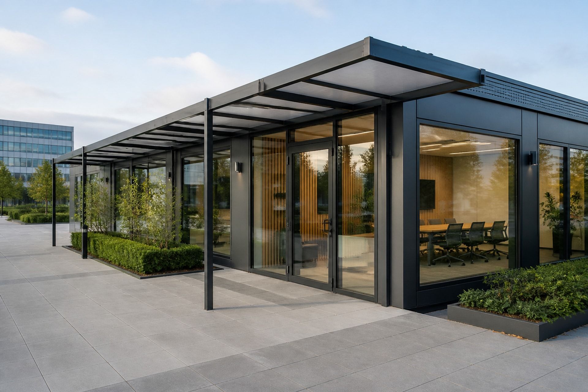 Modern modular container office with glazed entrance and meeting room