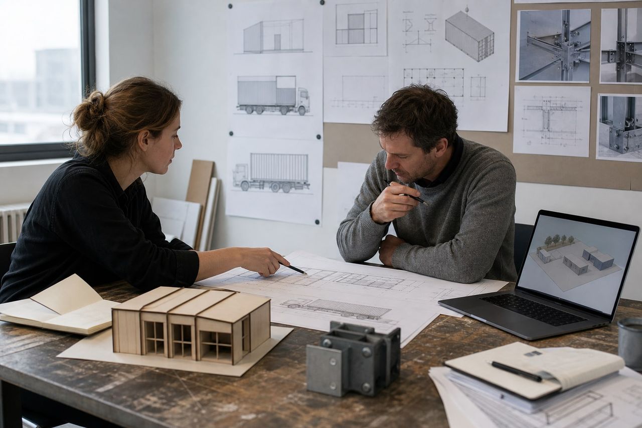 Design team coordinating modular container layouts, structure, services, and site connections