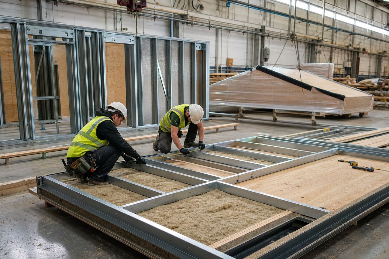 Skilled workers checking prefabricated wall assembly in a controlled production environment