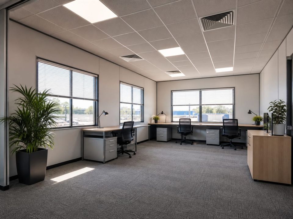 Daylit prefab office interior with coordinated workstations, acoustic finishes, and glare control