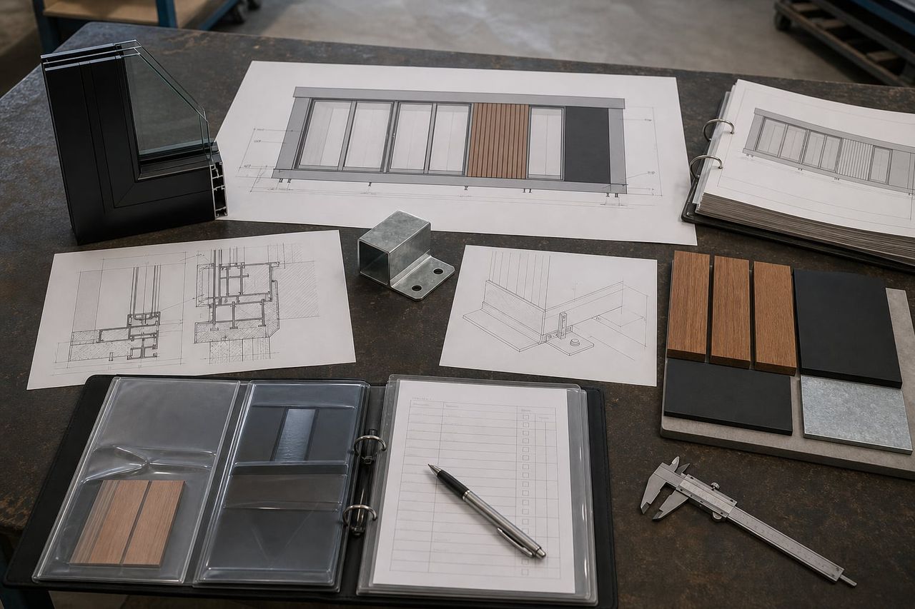 Aesthetic cabin documentation set with drawings, sample approvals, and certificates