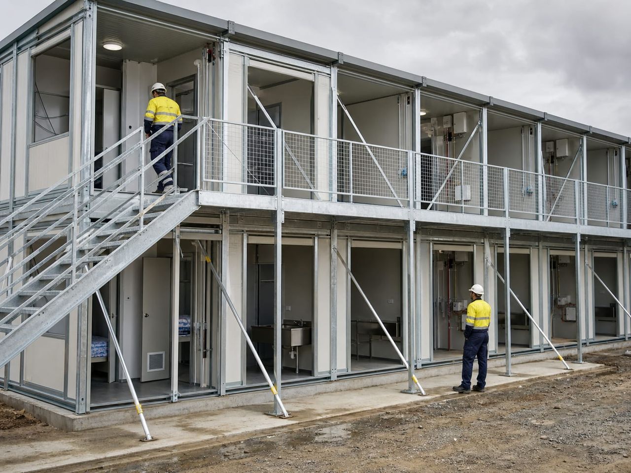 Prefab dormitory installation coordinated with foundations, camp layout, utilities, and escape routes