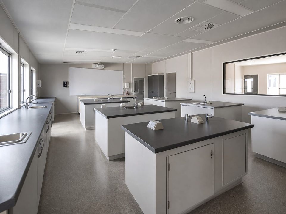 Prefab educational laboratory coordinated with specialist equipment, utilities, storage, and safe supervision