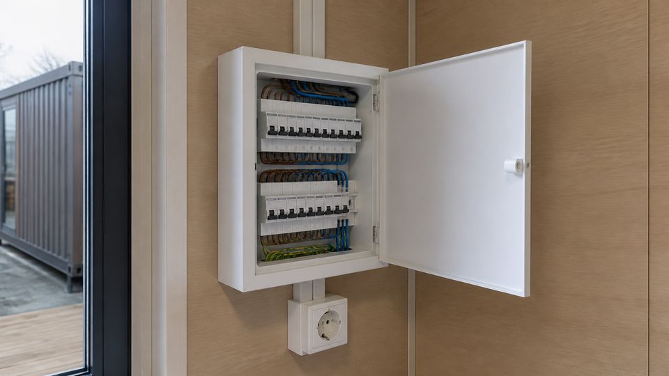 Cabin electrical installation with distribution board and protective devices
