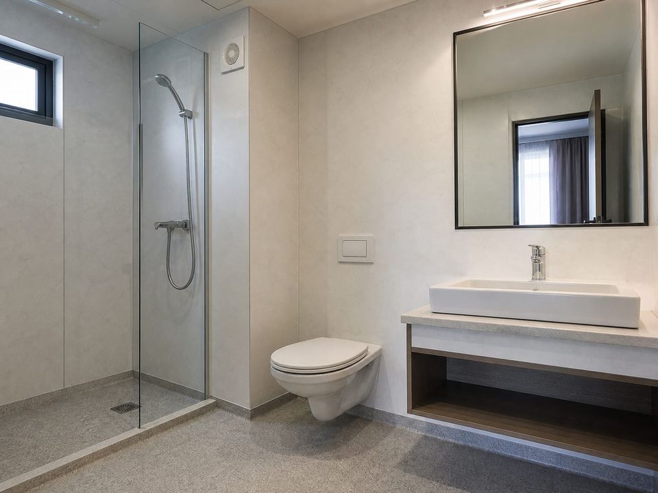 Prefab hotel en-suite bathroom detailed for waterproofing, drainage falls, ventilation, and maintenance access