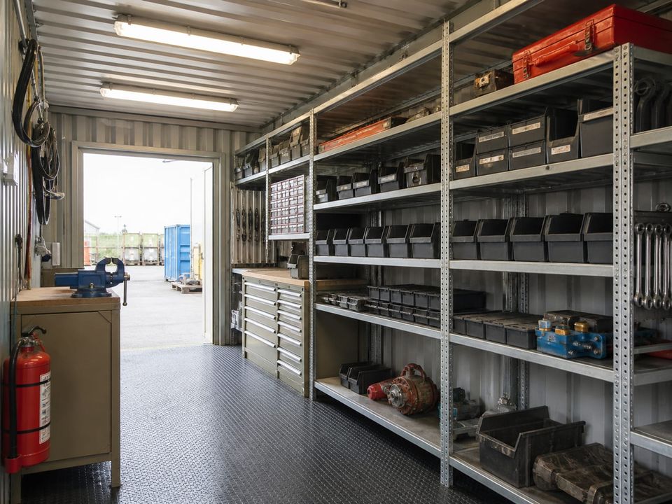 Storage container fitted with shelving and racking for equipment and spare parts
