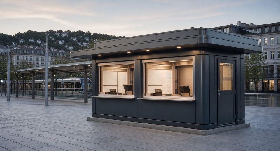 Extended metro cabin with transaction counter and space for two operators