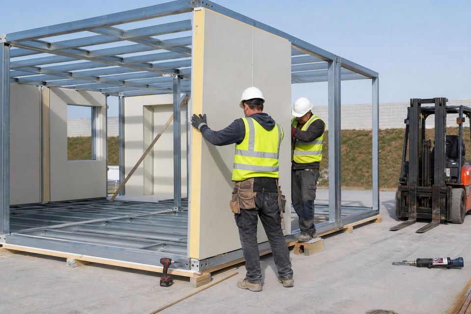 Flat-pack modular container frame and panels being assembled on a prepared site