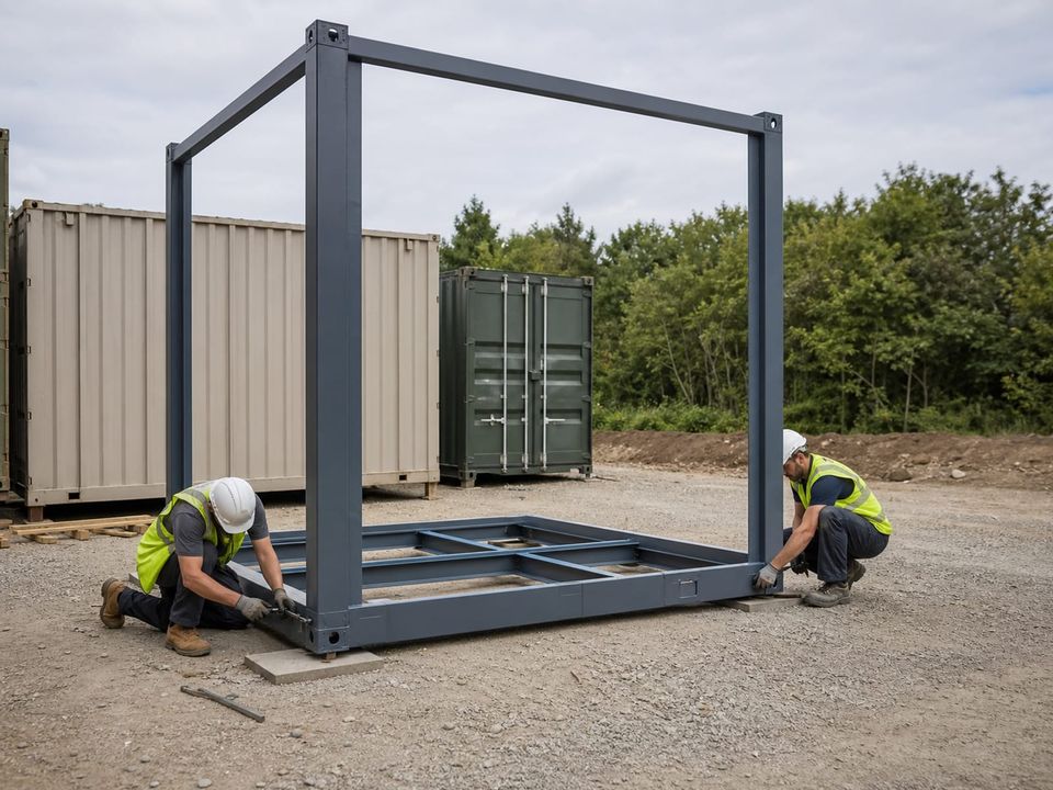 Crew bolting a flat-pack container base frame and corner posts on prepared pads