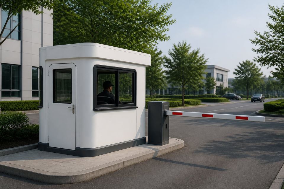 Fiberglass security cabin at a site entrance with all-round glazing