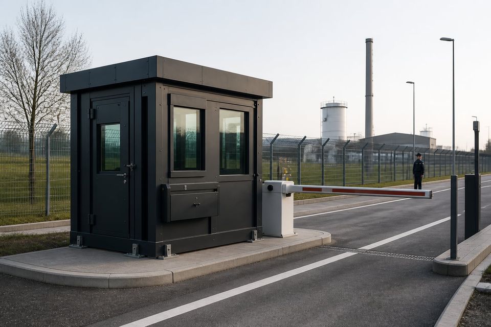 Armored guard booth at a controlled entrance with ballistic glazing