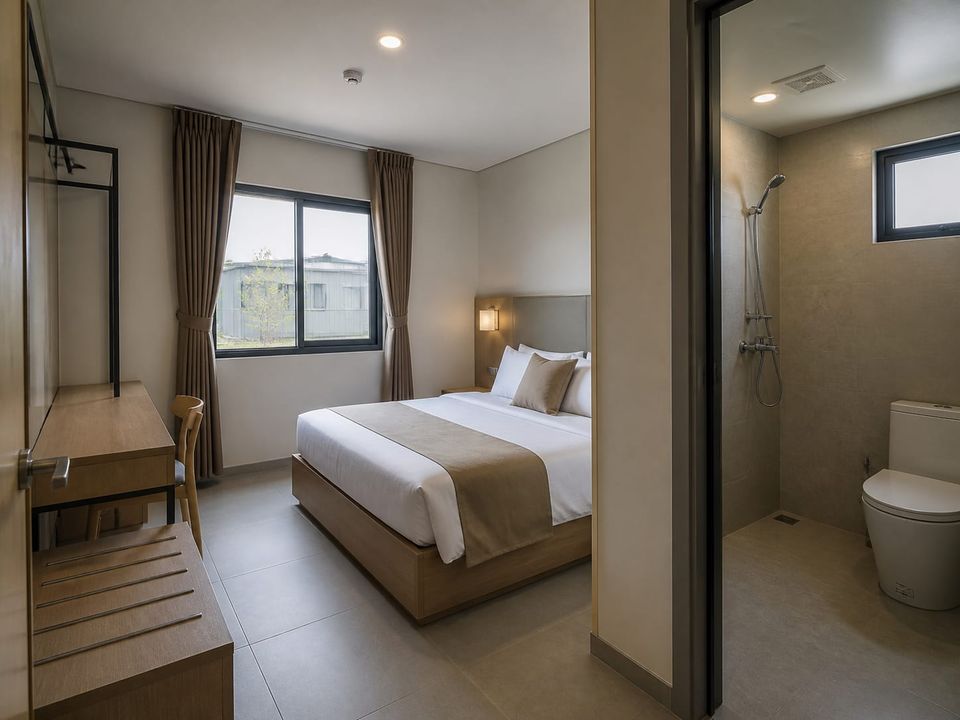Prefab hotel guest room planned around bed layout, storage, daylight, blackout, and acoustic separation