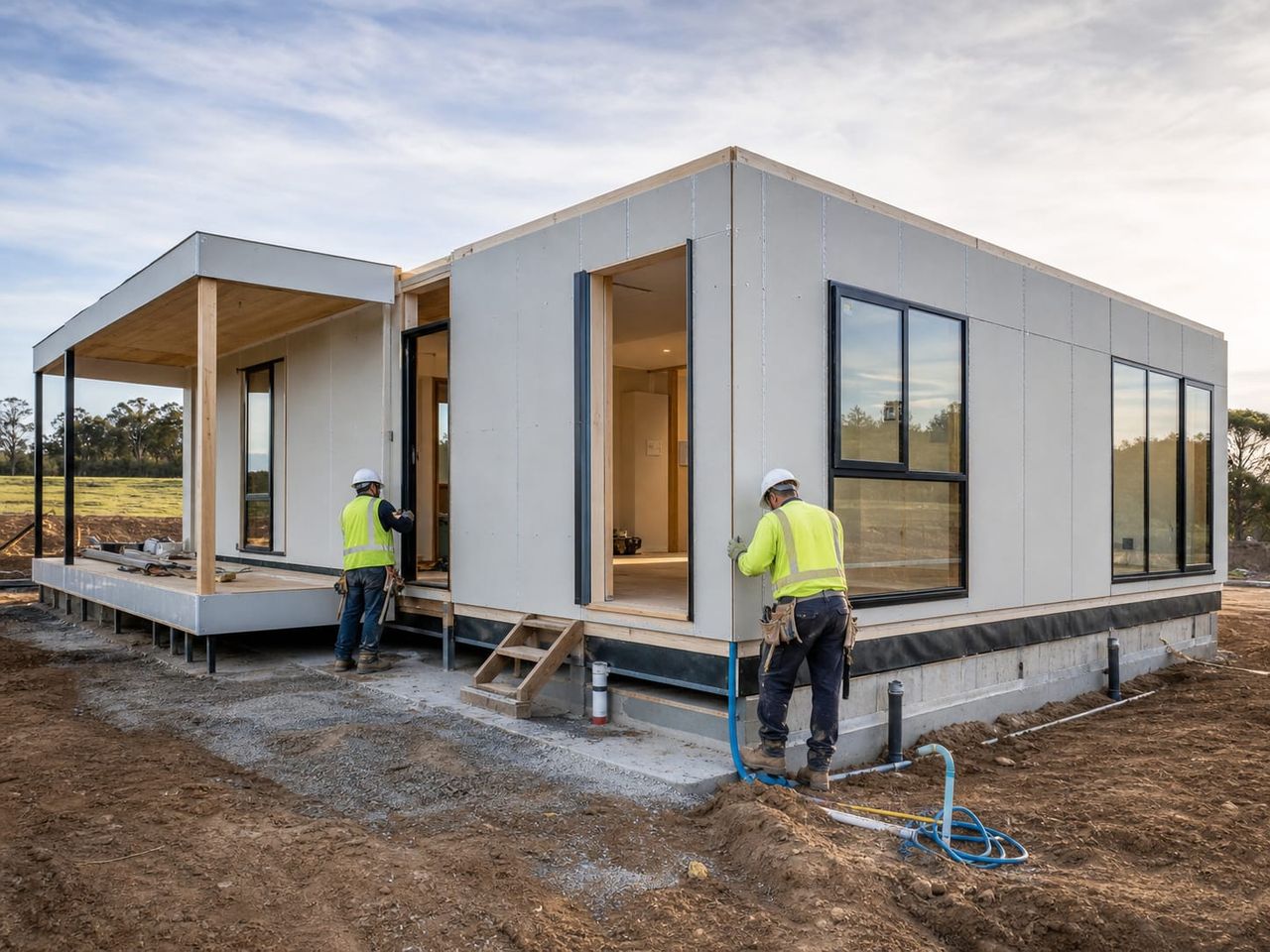 Single-storey prefab home installation on prepared foundations with service connections