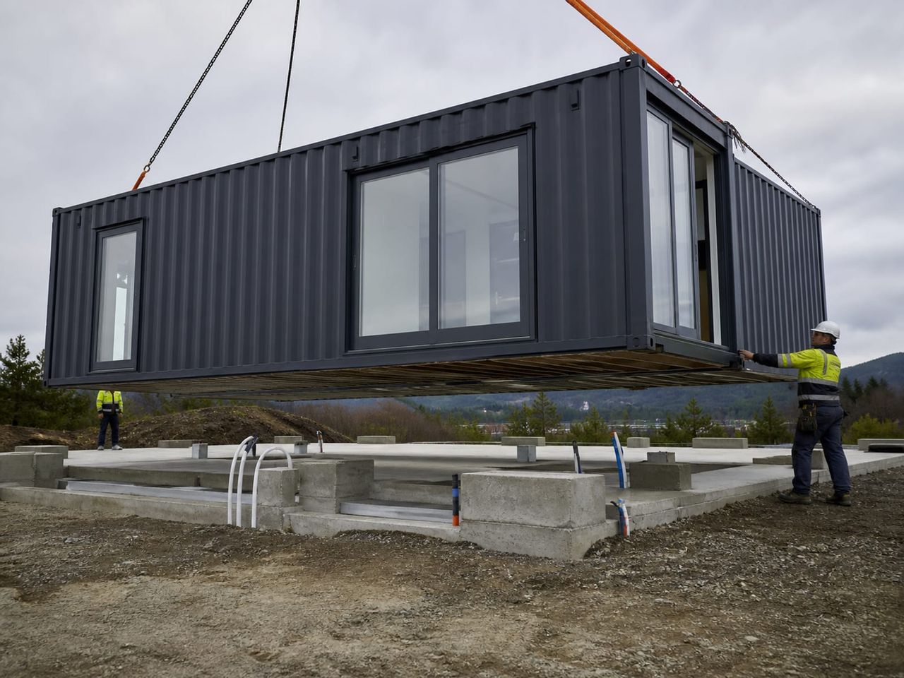 Container home placement on prepared foundations with crane lifting and service connections