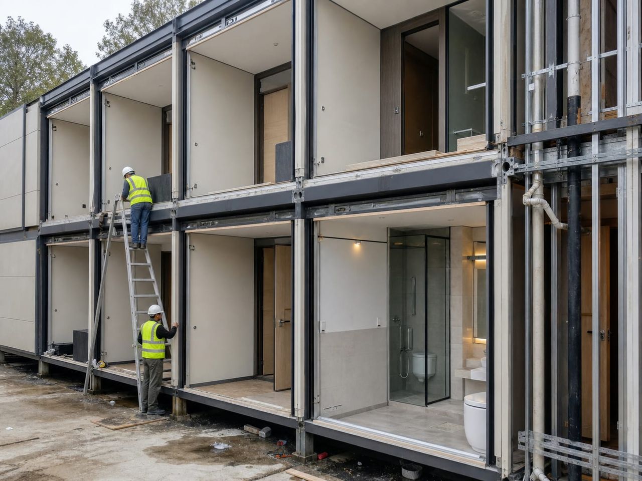 Light steel prefab hotel installation coordinated with foundations, drainage, utility connections, and external works