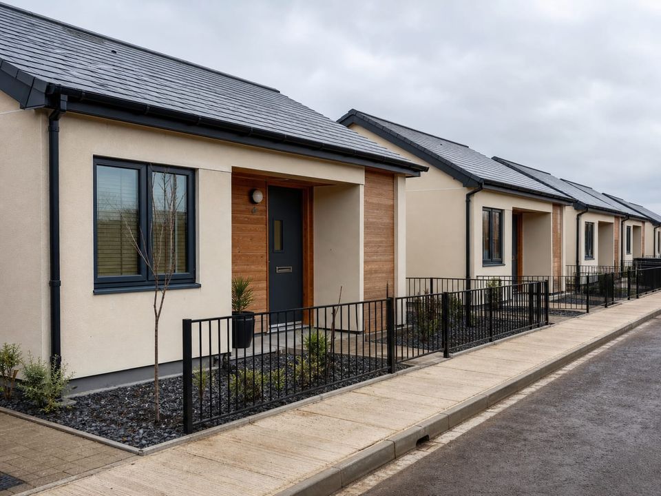 Row of affordable prefab dwellings with private entrances and defined boundaries