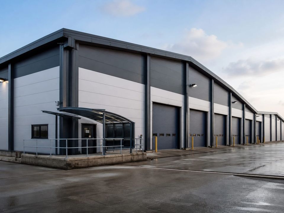 Engineered steel construction building with coordinated production bays and service routes