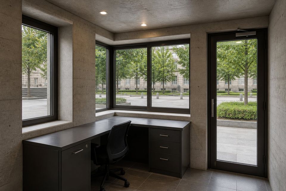 Interior of a precast security cabin with counter, seating, and controls