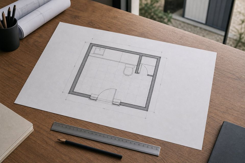 Panel cabin kiosk floor plan showing counter position, hatch, and queue side