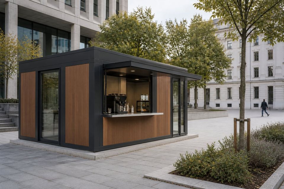 Metropol cabin kiosk with serving hatch, counter, and display lighting