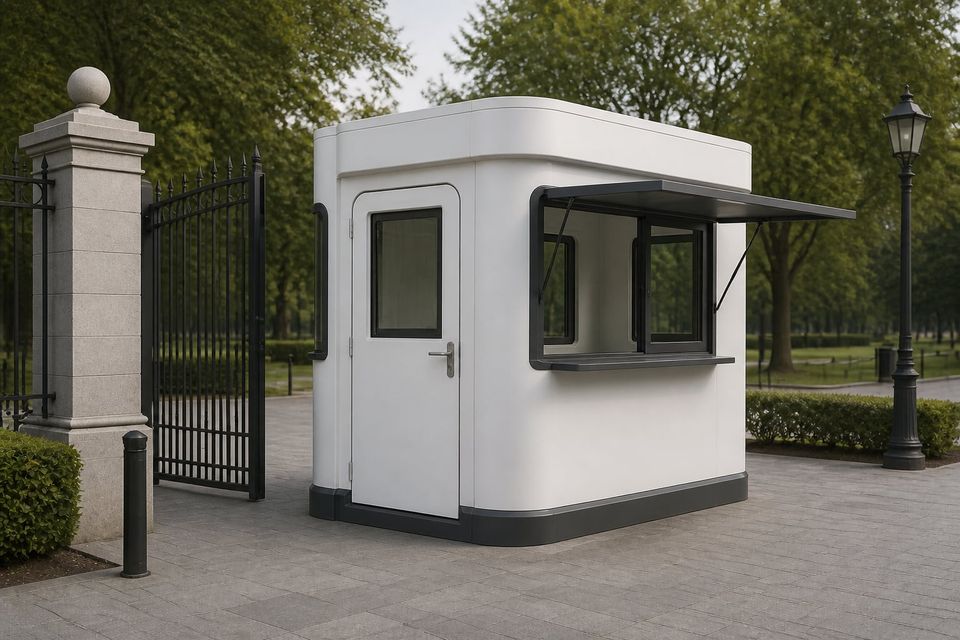 Fiberglass kiosk cabin with serving hatch, counter, and lighting