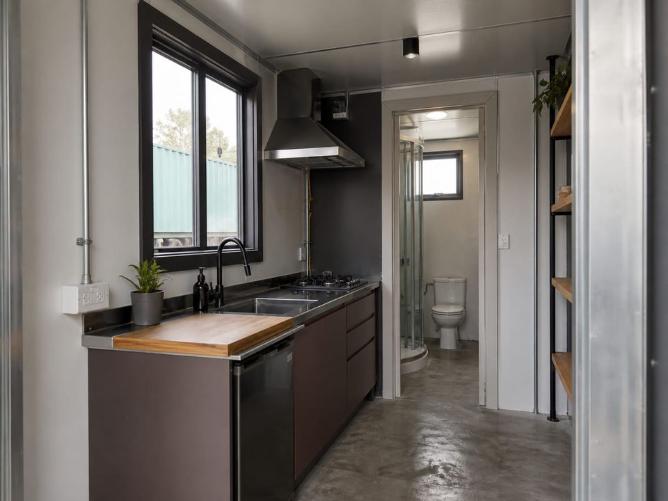 Container home kitchen and bathroom with waterproofing, extraction, and appliance provision