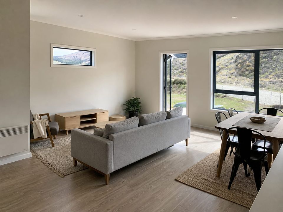Single-storey prefab home living space with daylight and compact furniture layout