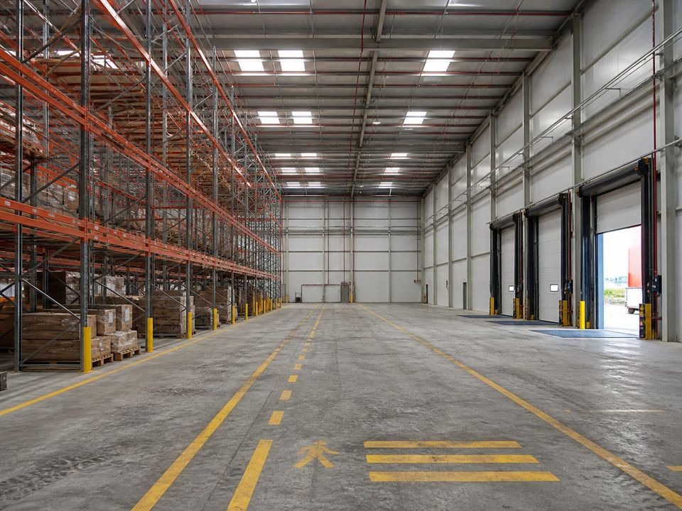Steel warehouse interior planned around clear storage height, racking, lighting, and fire protection