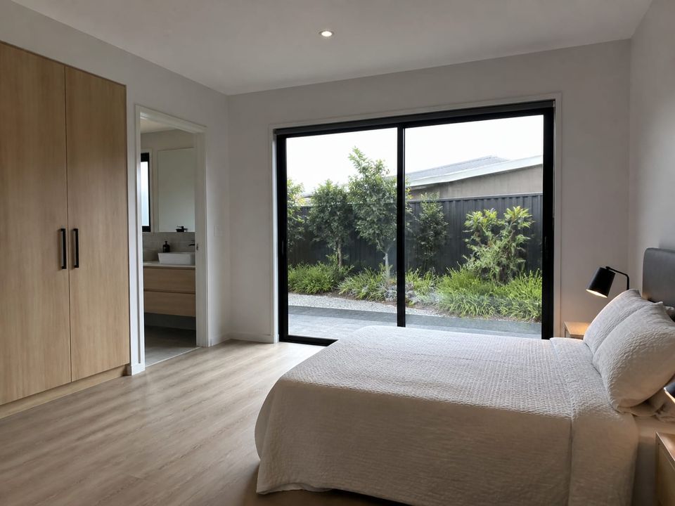 Prefab villa master suite with dressing area, en-suite, and private outlook
