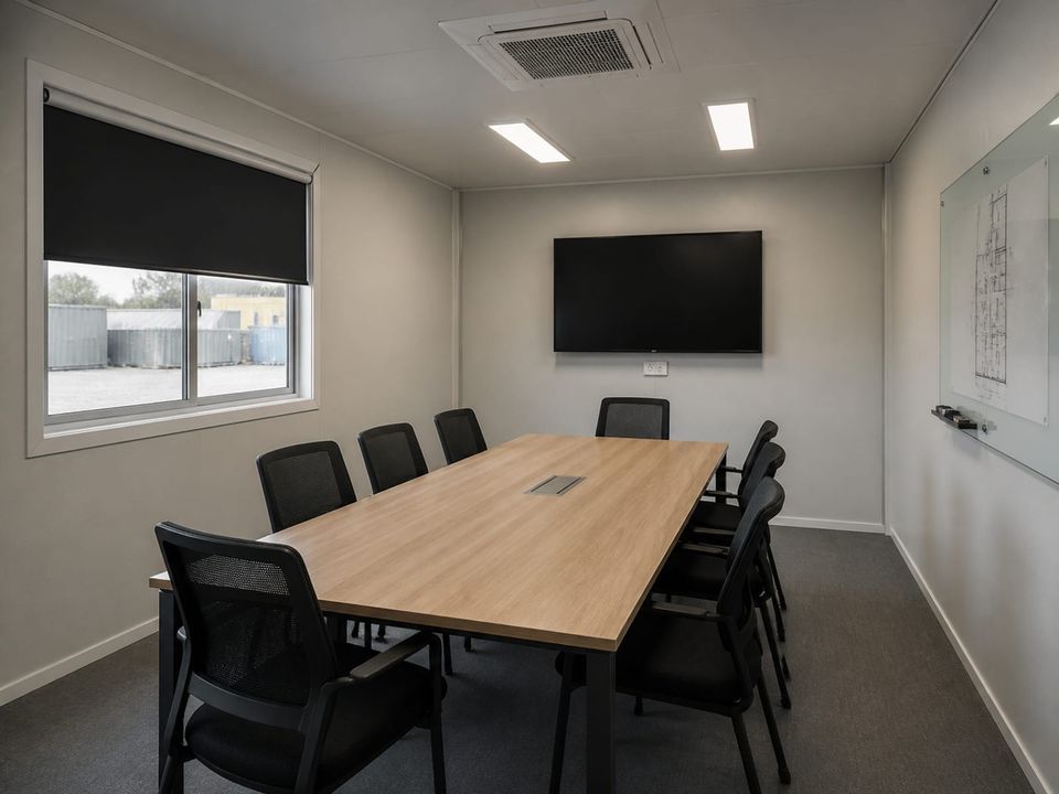 Container office meeting room arranged for coordination meetings and drawing review
