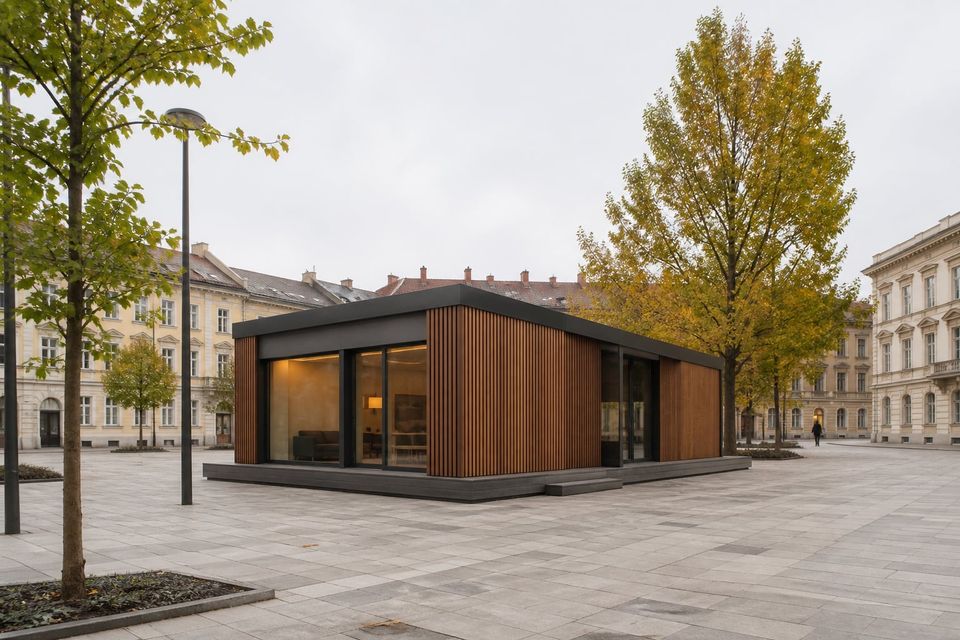 Aesthetic cabin integrated into a paved public square with pedestrian access