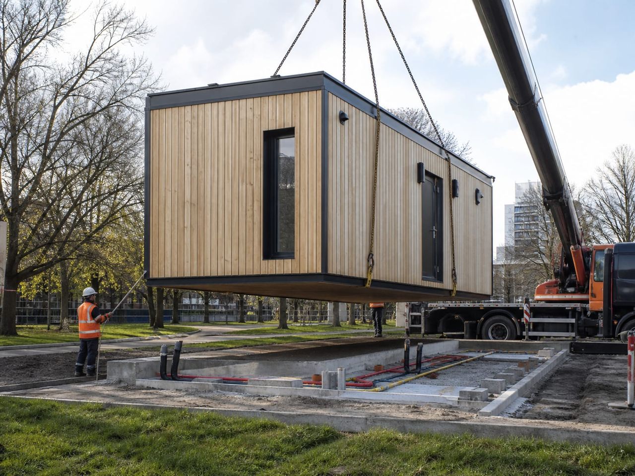 Metropol container placement in a public setting with prepared base and service connections