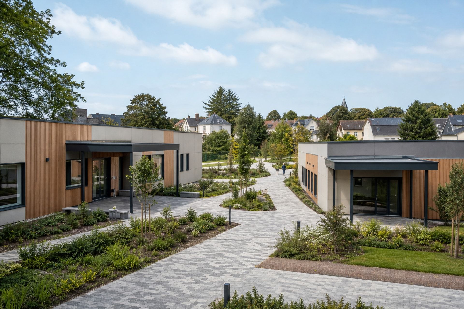 Landscaped modular public campus with accessible pedestrian routes