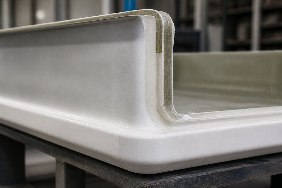 Moulded fiberglass cabin shell showing seamless corners and gel coat finish