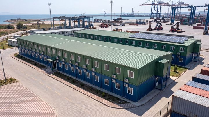 Stacked office and site containers arranged as a project headquarters